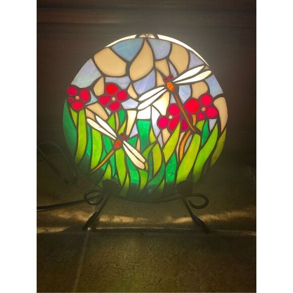 Dragonfly Floral Round Stain Leaded Glass Plate Lamp - Picture 1 of 16